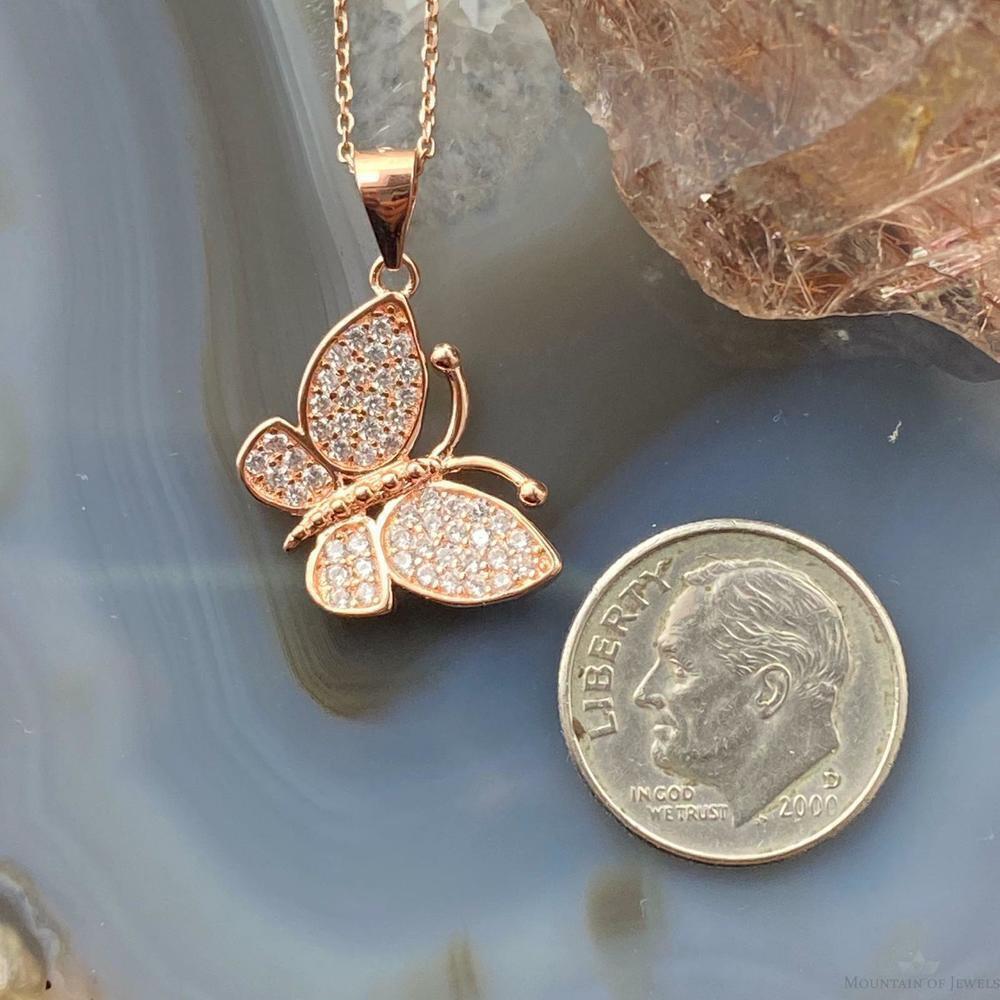 Sterling Silver Rose Coated with Cubic Zirconia Butterfly Pendant with Chain - Picture 7 of 9